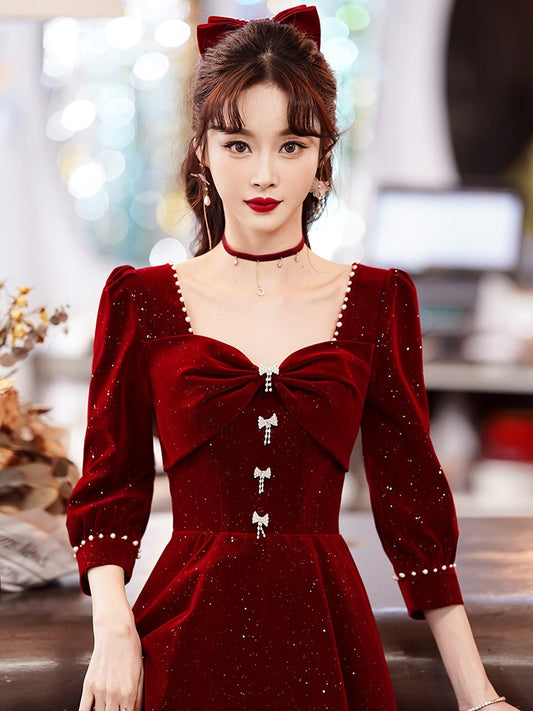 Burgundy Velvet Prom Dress Sweetheart Collar Long Sleeve A-Line Party Dress