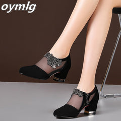 Summer Women High Heel Shoes Mesh Breathable Pumps Zip Pointed Toe Thick