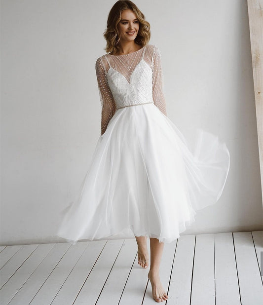 White Bridesmaid Dresses: Wedding Dress Long Sleeves Beading Sashes Backless