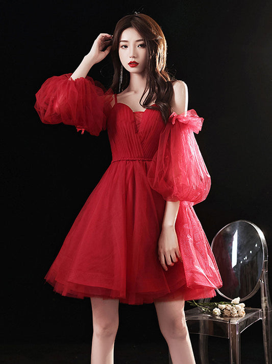 Homecoming Dresses: Red Prom Dresses Short Tulle A Line Off Shoulder 3/4 Sleeves