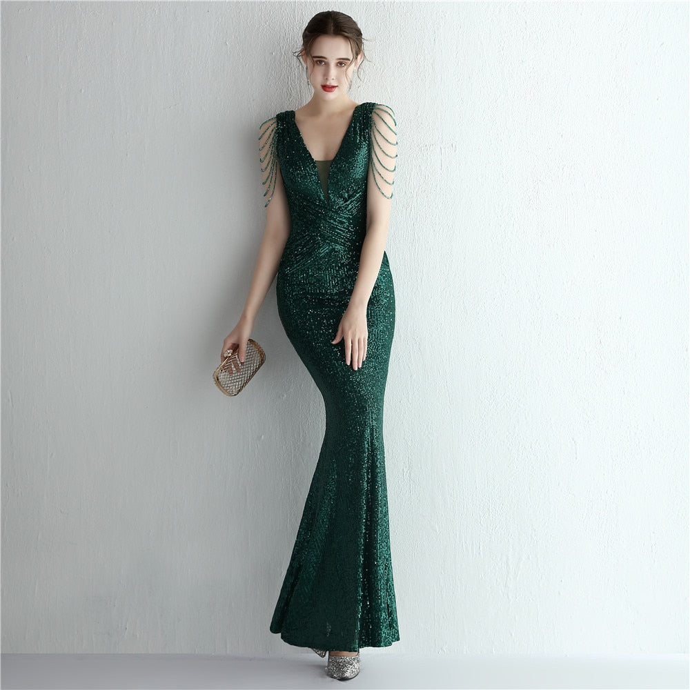 Evening wear Dresses: Evening Dress Long Mermaid Deep V Neck Sequins Maxi