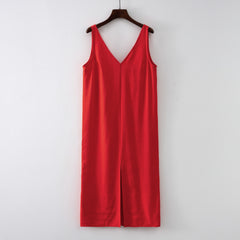 Women Solid White V Neck Sleeveless Fashion Dress Split Tank Dress