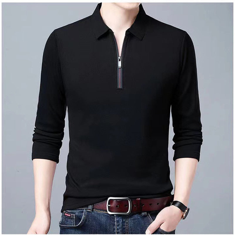 Men Solid Polo Shirt Lapel Long-sleeved Polos Shirt Zipper Collar