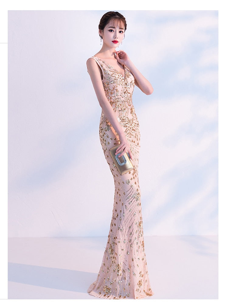 Evening wear Dresses: Evening Dress Sleeveless Sequins Robe De Soiree V-neck Tulle