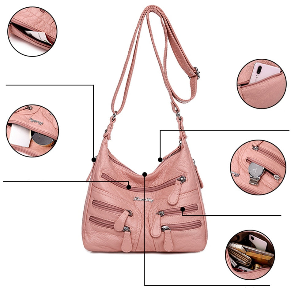 High Quality Women's Soft Leather Shoulder Bags Multi-Layer Casual