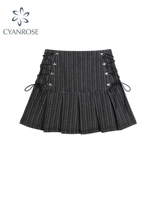 Pleated Skirt Women High Waist Grey Stripe Bandage Mini Skirts