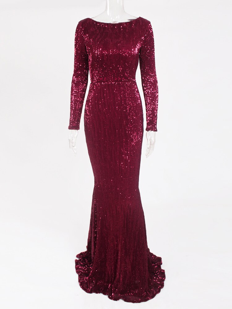 Homecoming Dresses: Long Sleeve Maxi Prom Dress Sequin Stretchy O Neck Full Lining