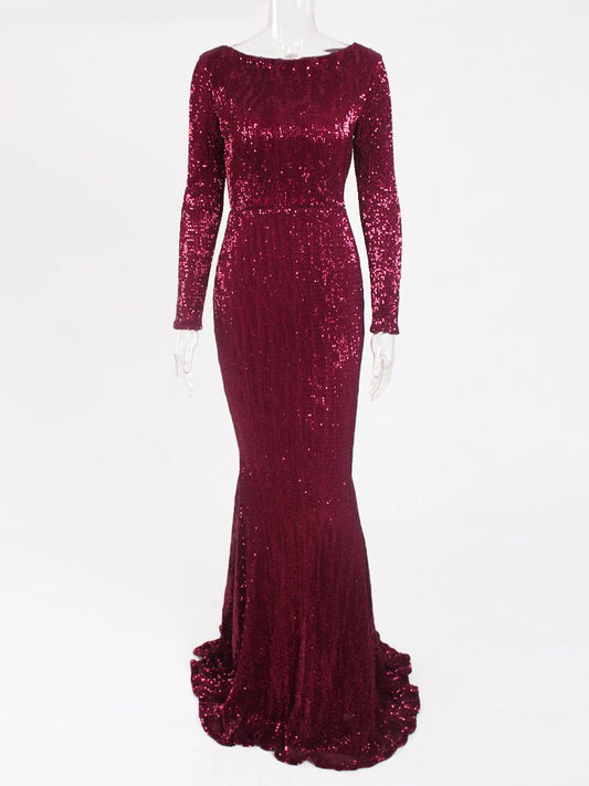 Homecoming Dresses: Long Sleeve Maxi Prom Dress Sequin Stretchy O Neck Full Lining