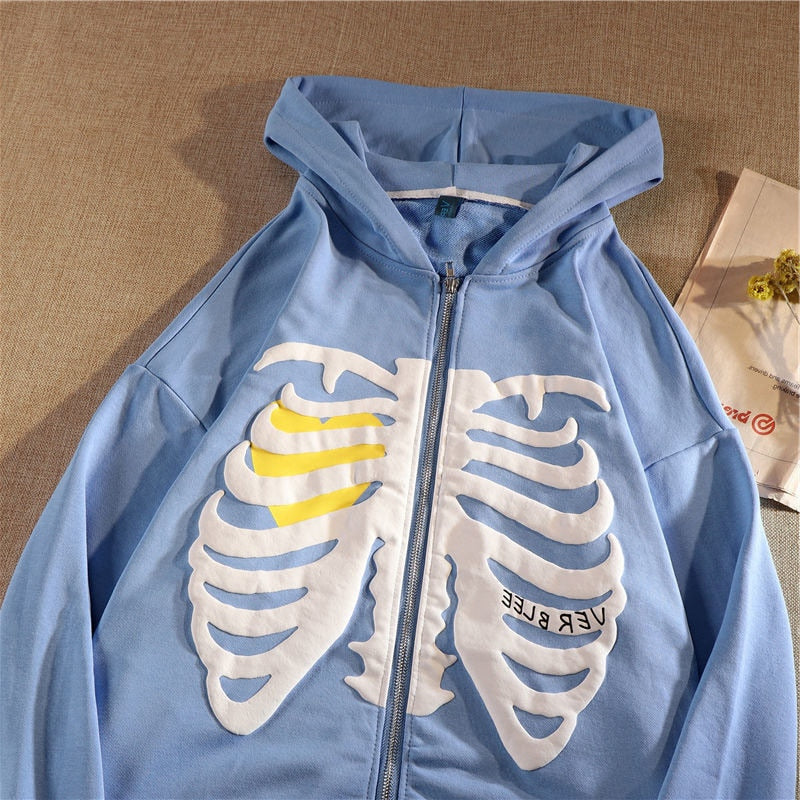 Rhinestone Skeleton Hoodies Women Gothic Black Zip Up Oversized