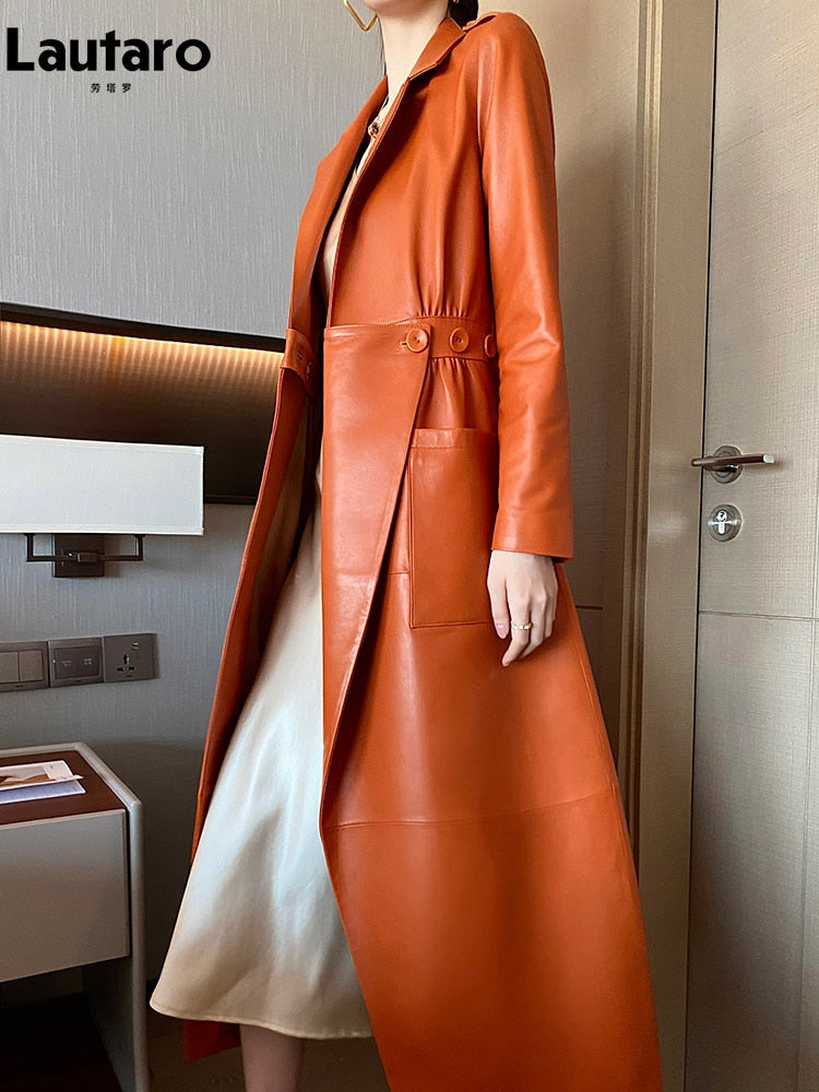 Lautaro Spring Autumn Long Orange Soft Faux Leather Coat Women Pockets