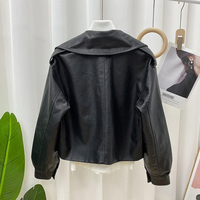 Spring Women Short Faux Leather Jacket Single Button Black Coats