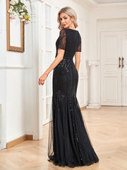 Short Sleeves Evening Dress Long Mermaid Formal Sequin Black Women