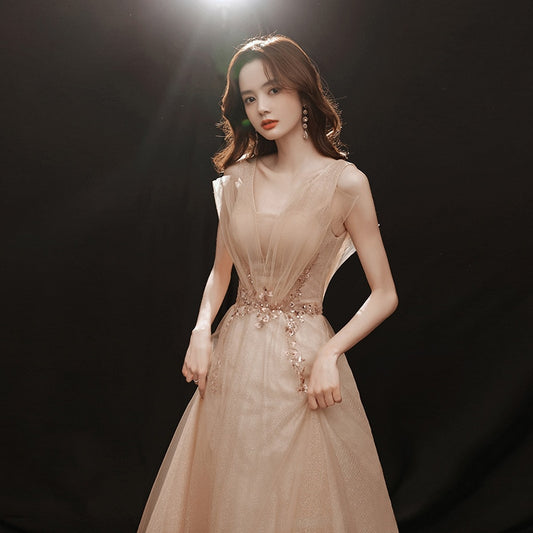 Champagne Evening Dresses V-Neck Sleeveless Elegant Party Train Dress