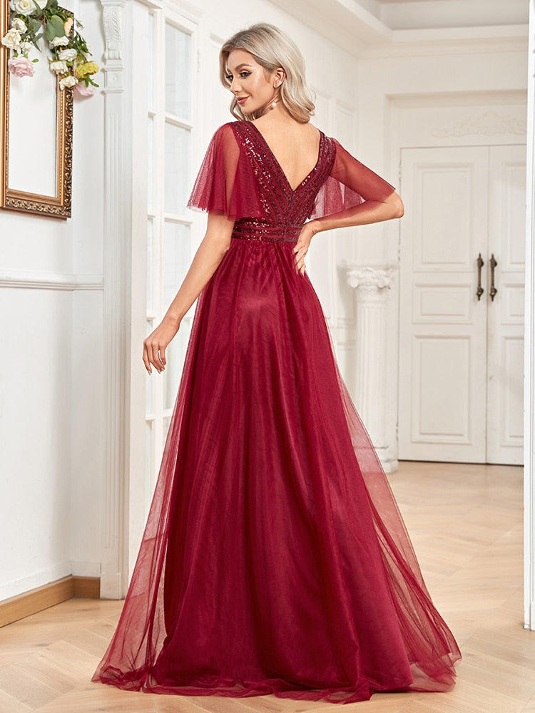 Evening wear Dresses: A-LINE Chiffon Short Sleeve V-Neck Simple Sequins Wedding