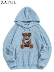 Hooded Hoodies for Men Fluffy Teddy Bear Pattern Sweatshirts