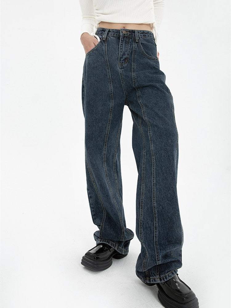 Dark Blue Womens Jeans High Waist Vintage Straight Baggy Denim Pants