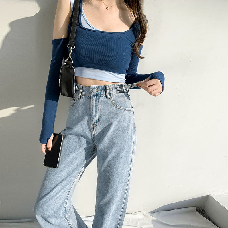 Women jeans Retro Street Loose Solid Straight Trend American Casual Pants