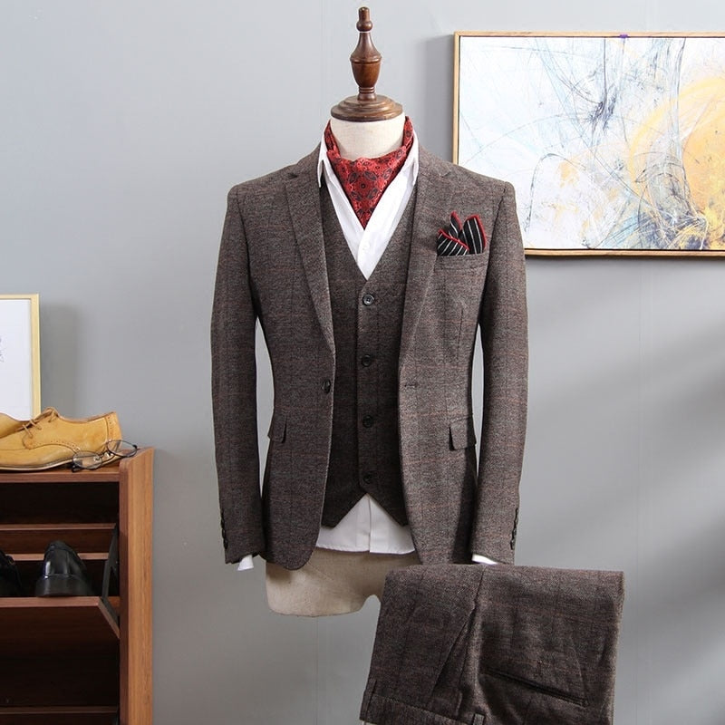 British Style Suit Men 3 Piece Suit Plaid Blazer Trend Groom Wedding Suits Tuxedo