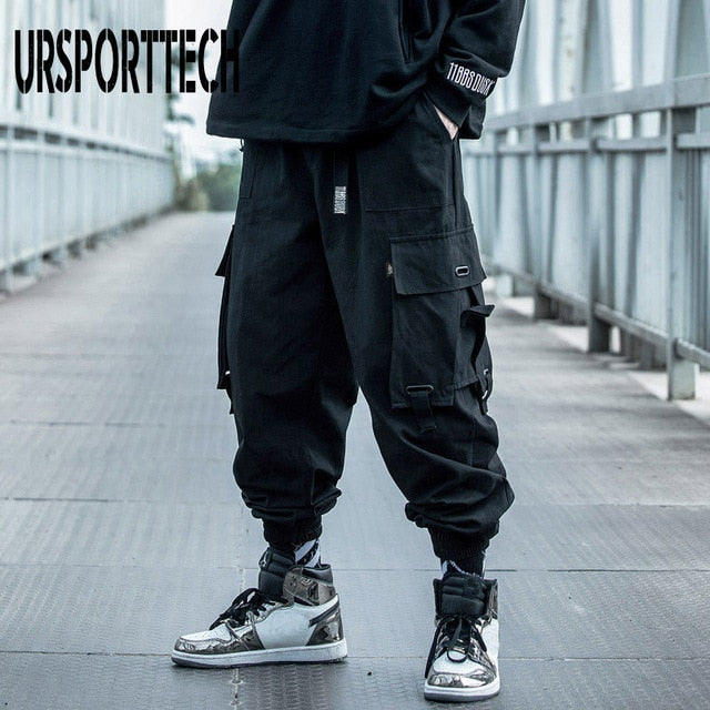 Hip Hop Joggers Men Letter Ribbons Cargo Pants Pockets Track Tactical Casual