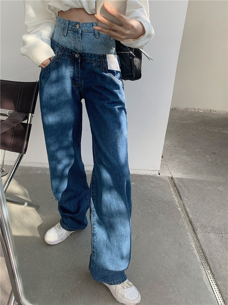 Stylish Fake Two Piece Jeans Women Patchwork Daddy Pants Female Baggy Jeans
