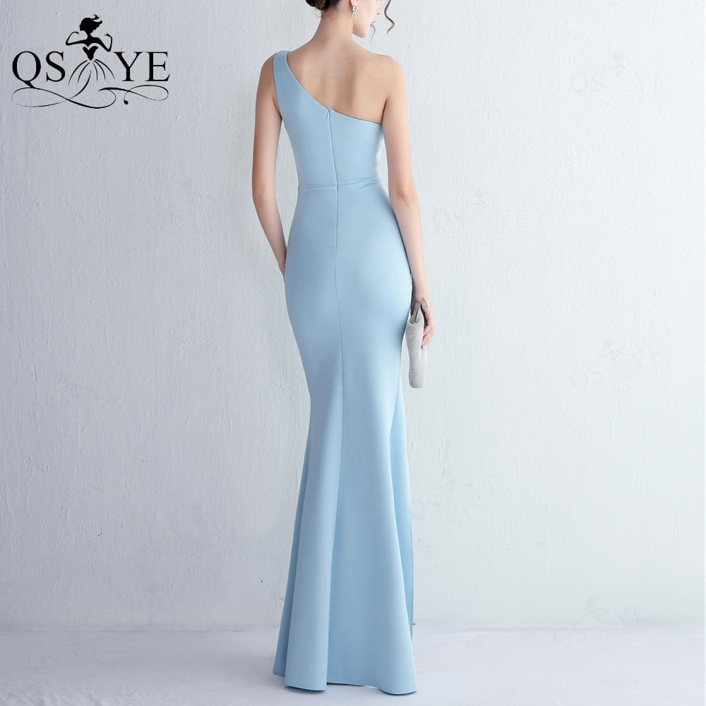 Homecoming Dresses: One Shoulder Wedgwood Prom Dresses Beaded Waist Split