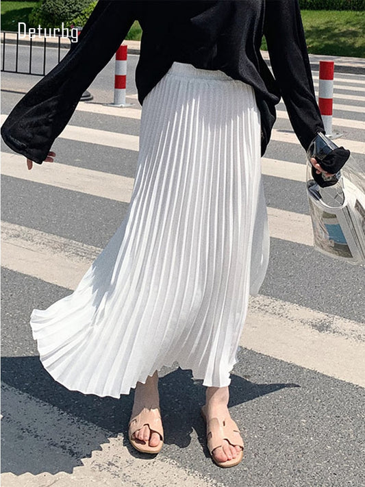 Womens Fashion Pleated Midi Long Skirt Female Korean Japanese Casual High Waist