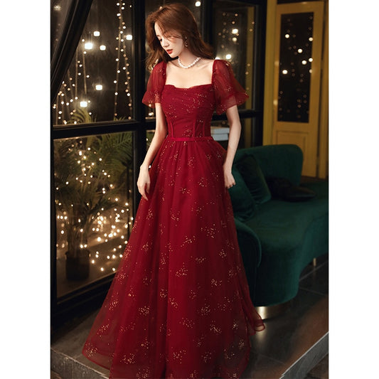 Evening wear Dresses: Red Women Formal Dress Square Collar Mesh Sleeve Elegant