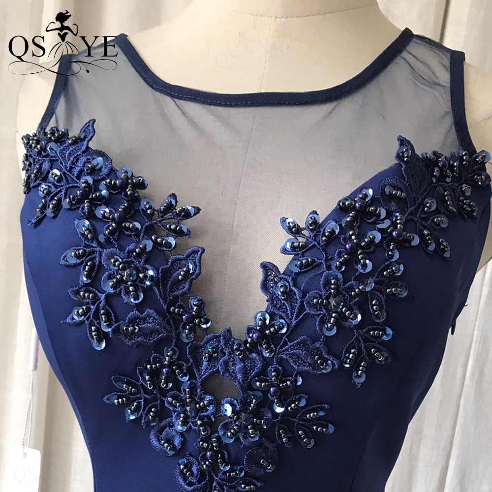 Homecoming Dresses: Navy Prom Dresses Mermaid Beaded Lace Appliques