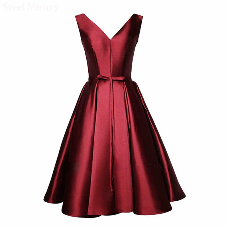 Homecoming Dresses: V-Neck Wine Red Satin Prom Dresses Woman Lace Up Wedding
