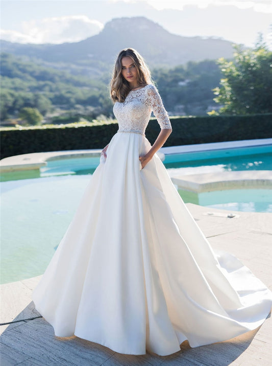 White Bridesmaid Dresses: Half Sleeves A-Line Wedding Dresses Satin Bridal Gowns
