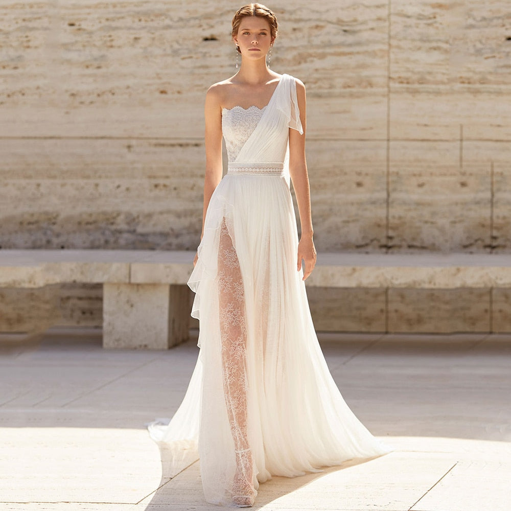 White Bridesmaid Dresses: Wedding Dress Boho Chiffon Lace Irregular Floor Length