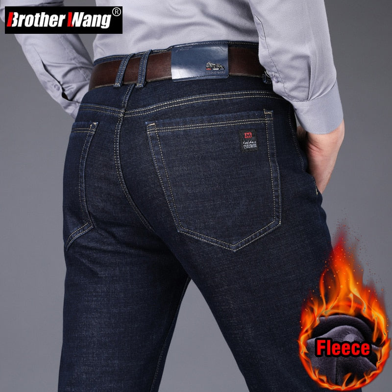 Men Fleece Warm Jeans Classic Style Business Casual