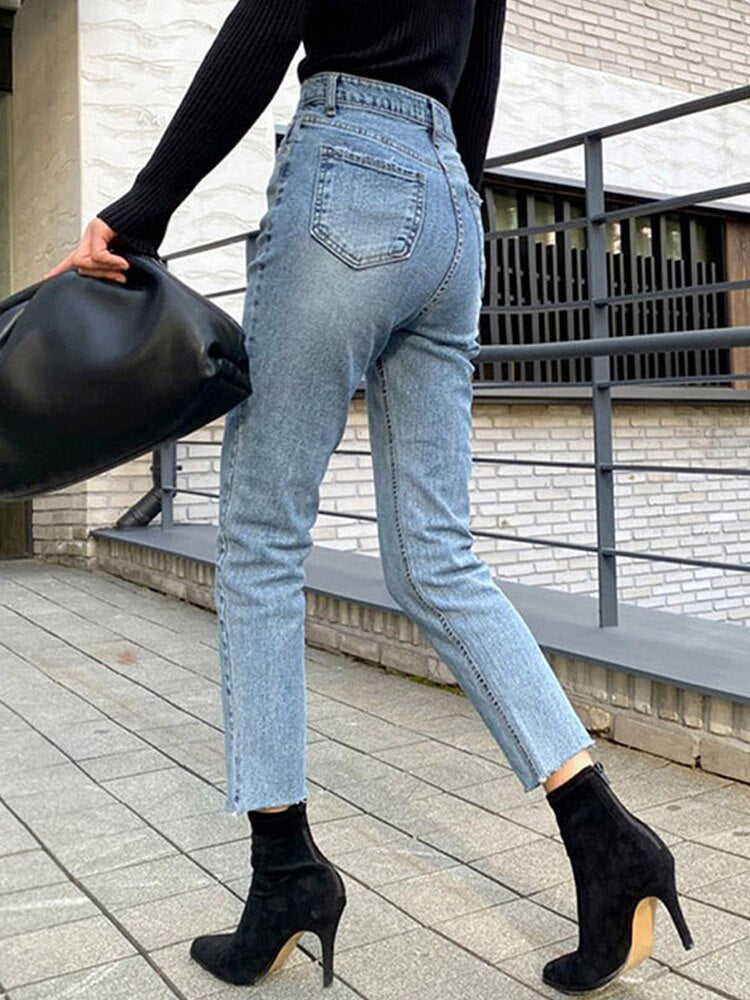 Classic Jeans For Women High Waist Ankle Length Straight Pants Fashion Slim