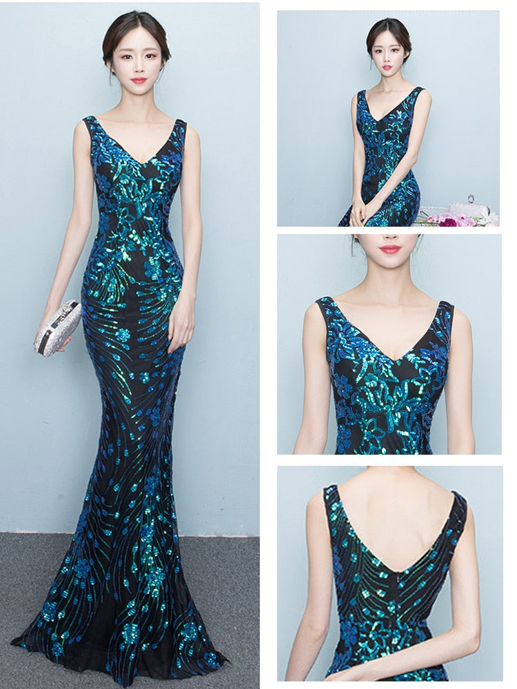 Evening wear Dresses: Evening Dress Sleeveless Sequins Robe De Soiree V-neck Tulle