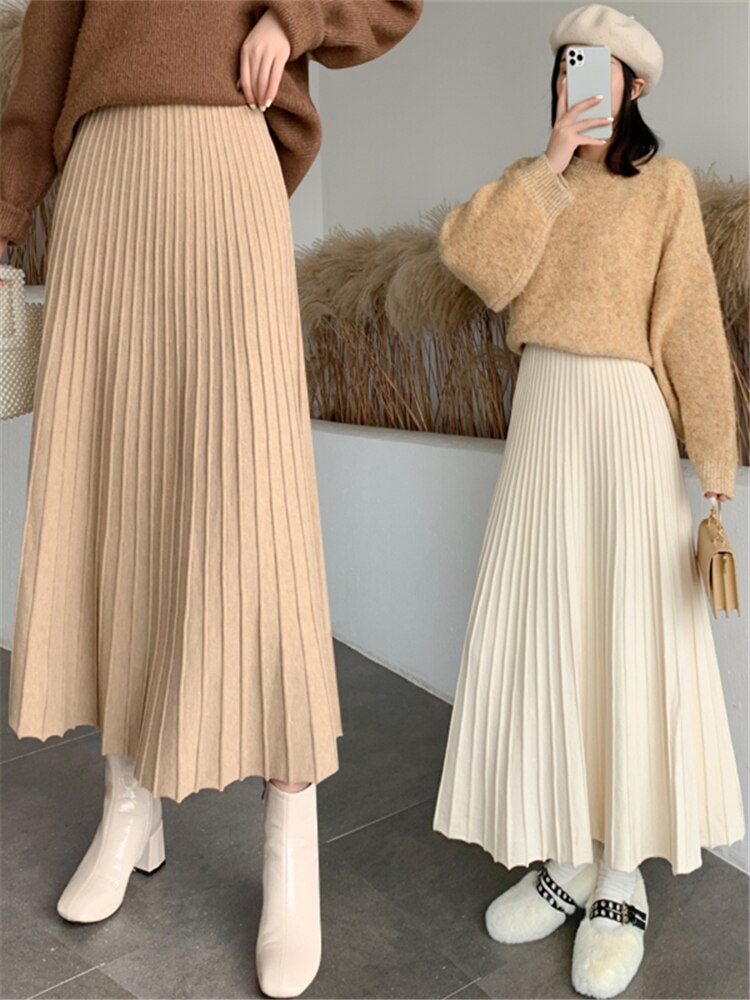 Thicken Women Knitted A-line Skirt Elegant Autumn