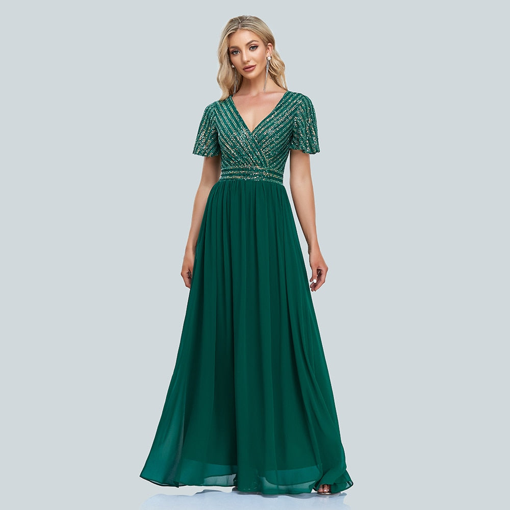 Evening wear Dresses: Women Green Evening Dresses Elegant V-Neck