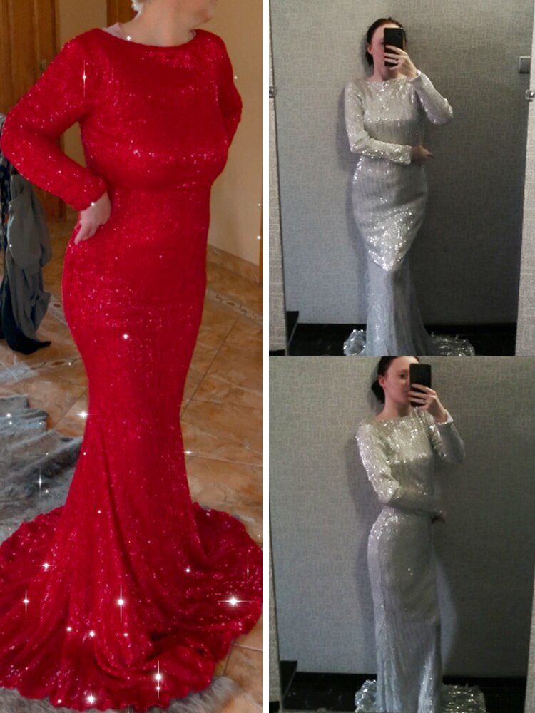 Homecoming Dresses: Long Sleeve Maxi Prom Dress Sequin Stretchy O Neck Full Lining