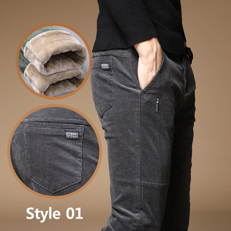 Winter Fleece Warm Corduroy Pants Men Stretch Thick Elastic Waist Fluff Pant