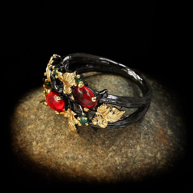 Exquisite Leaf Flower Color Zircon Ladies Women Ring Jewelry Black Gold