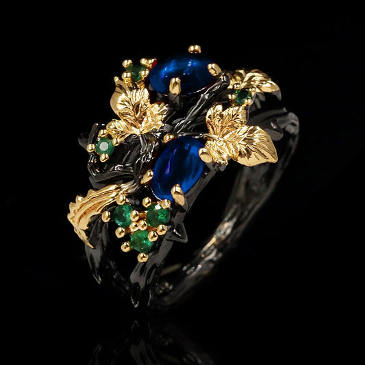 Exquisite Leaf Flower Color Zircon Ladies Women Ring Jewelry Black Gold