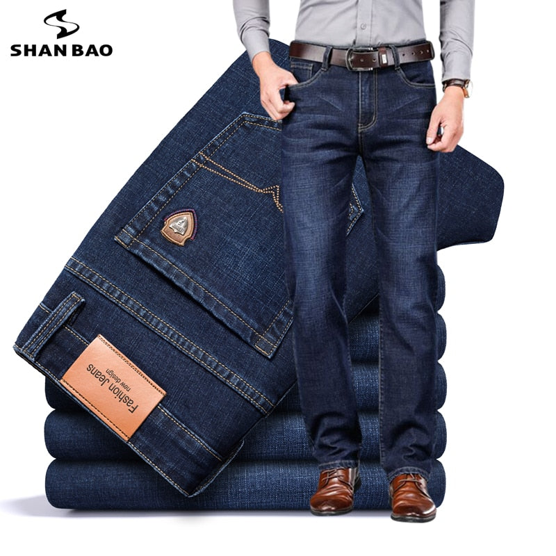 autumn spring fitted straight stretch denim jeans classic style badge youth men