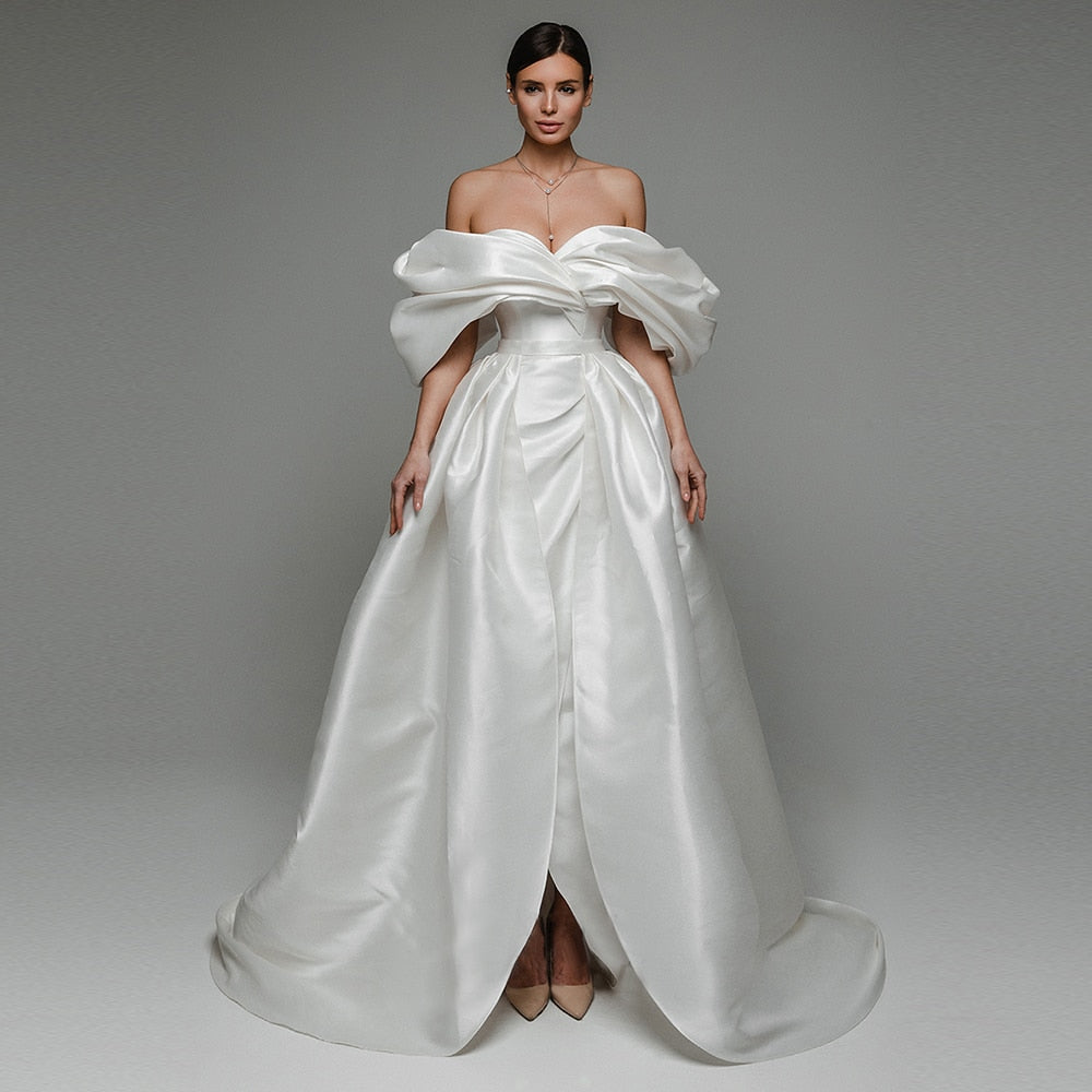 White Bridesmaid Dresses: Off Shoulder White Wedding Dress Detachable Train Pleat
