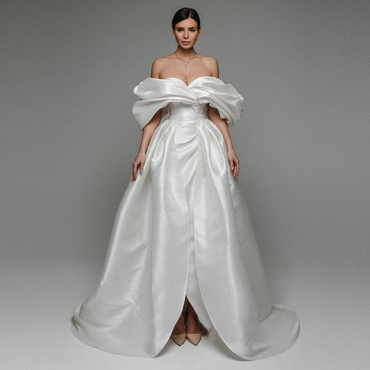 White Bridesmaid Dresses: Off Shoulder White Wedding Dress Detachable Train Pleat