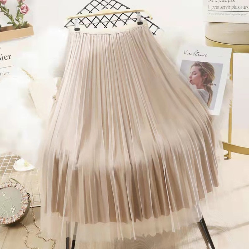 Rimocy Both Sides Wear Pearls Mesh Skirt Women Summer Velvet High Waist