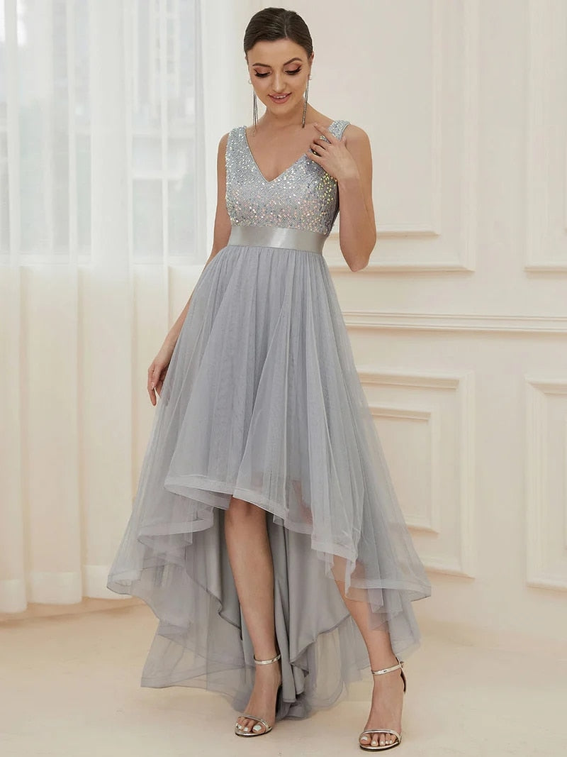 Evening wear Dresses: V-Neck Sleeveless Sequin Floor Length Evening Dress Red
