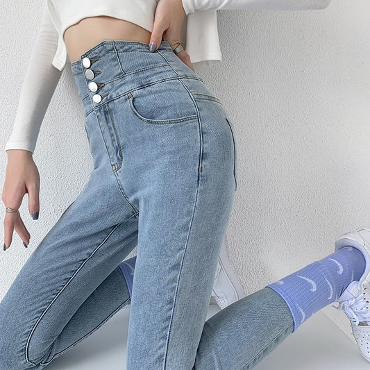 Skinny Pencil Jeans Four Buttons Vintage High Waist Women Slim