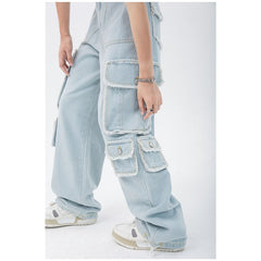 Blue Women Straight Cargo Jeans High Waist American Streetwear