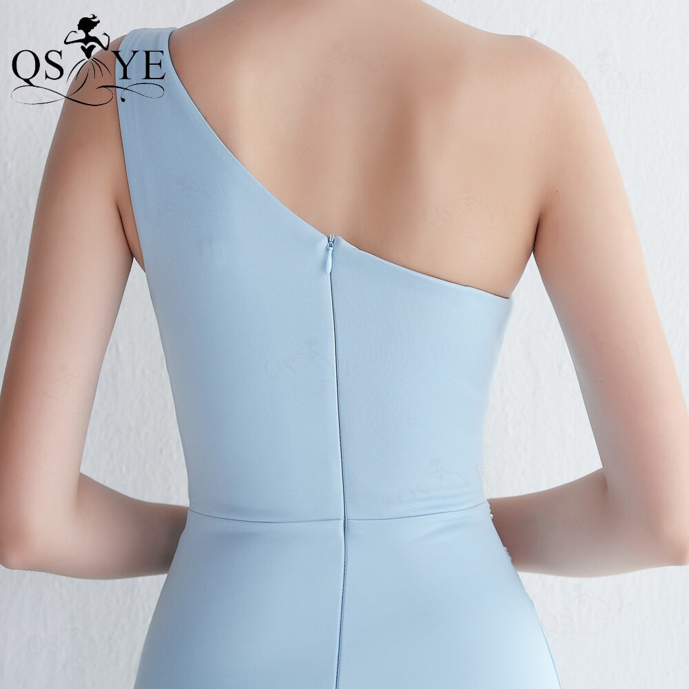 Homecoming Dresses: One Shoulder Wedgwood Prom Dresses Beaded Waist Split