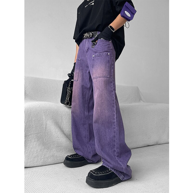 Summer Gradient Purple Vintage Jeans Fashion Pocket High Waist Baggy