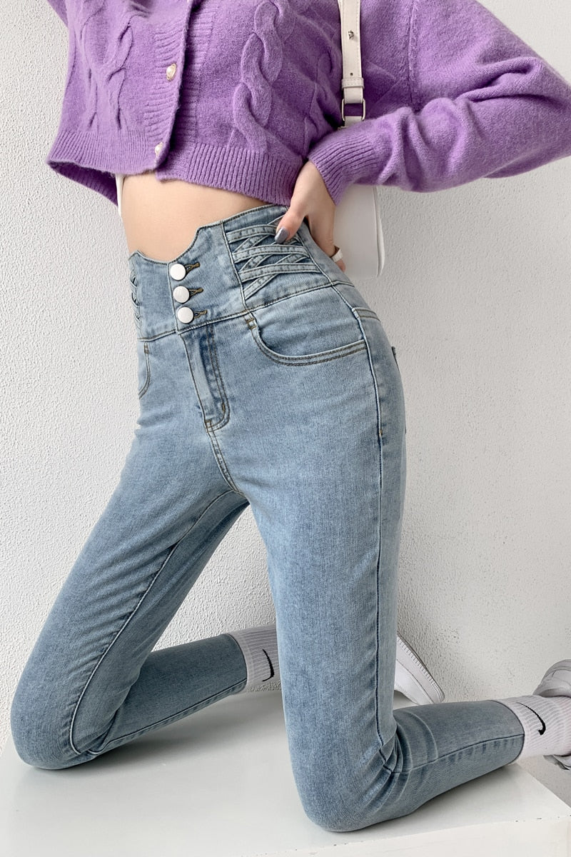 Skinny Pencil Jeans Four Buttons Vintage High Waist Women Slim